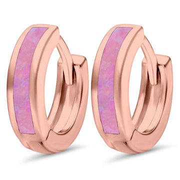 Hoop Huggie Earrings Rose Tone, Lab Created Pink Opal 925 Sterling Silver (12mm)
